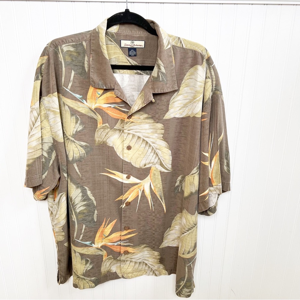 Tommy Bahama Taupe Tropical Leaf Print Short Sleeve Silk Button Up Shirt XXL